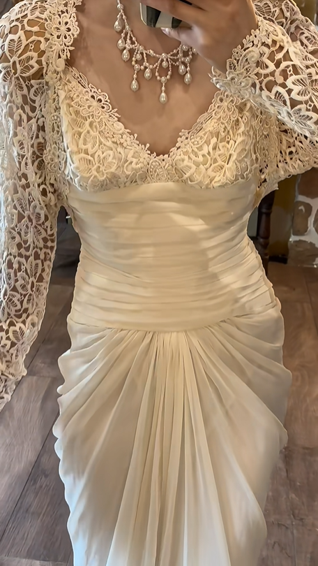 Ivory White Vintage Greek Wedding Gown, V‑Neck Lace Slip Dress With Detachable Hollow Lace Long‑Sleeve Bolero Ruched Waist Draped Chiffon Bridal Dress gh9079