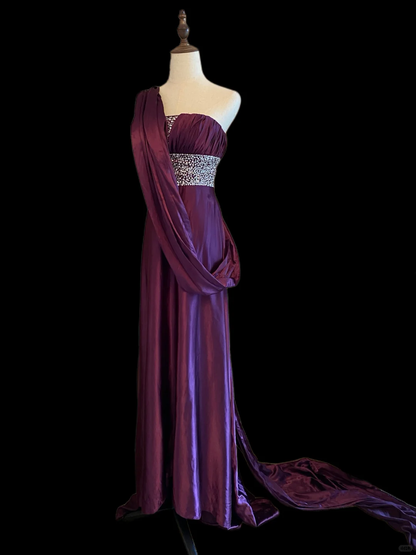 Deep Purple Strapless Long Evening Gown, Ruched Bust, Full Rhinestone Beaded Waistband, Single Draped Long Sash, Floor‑Length Train, Formal Prom Host Dress gh8910