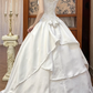 White Vintage Satin Ball Gown Wedding Prom Dress, V‑Neck Sleeveless With 3D Fabric Roses, Floral Lace Appliqués, Voluminous Satin Skirt gh8715