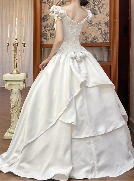 White Vintage Satin Ball Gown Wedding Prom Dress, V‑Neck Sleeveless With 3D Fabric Roses, Floral Lace Appliqués, Voluminous Satin Skirt gh8715