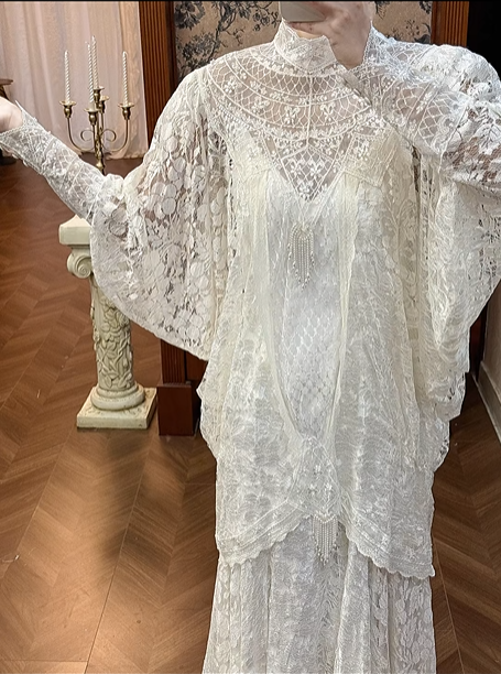Ivory Vintage Two‑Piece Lace Wedding Gown, High Neck Batwing Sleeve Lace Overlay, Tassel Lace Trim, V‑Neck Lace Slip Mermaid Long Train, Prom Dress gh8645