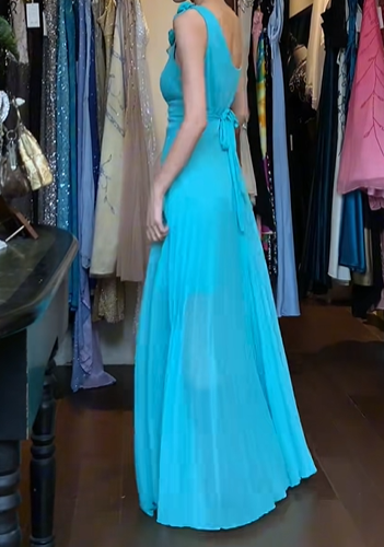 Turquoise Vintage Prom Dress One Shoulder 3D Flower Ruffle Pleated Chiffon Long Evening Gown gh9606