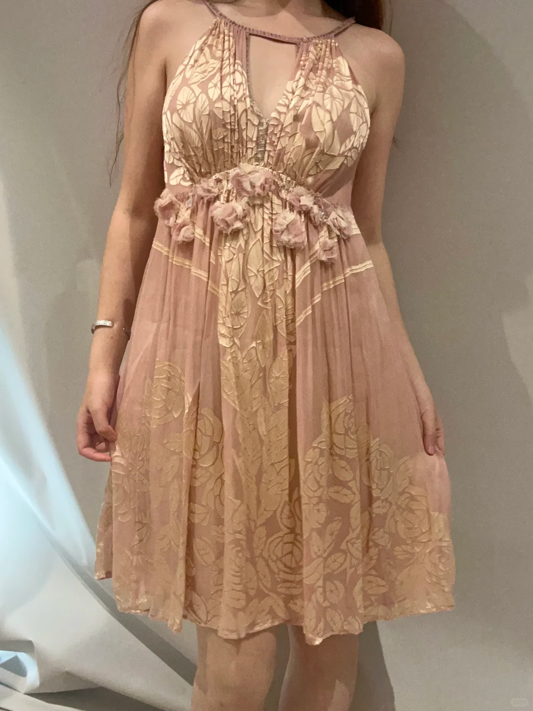 Nude Pink Luxury Leaf Print Spaghetti Strap Fitted Waist Prom & Evening Party Dress gh8456