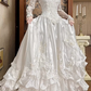 White Vintage Satin Wedding Ball Gown, V‑Neck Sheer Lace Long Sleeves, Lace Beaded Appliqué Fitted Bodice, Multi‑Layer Ruffle Cake Skirt, Prom Dress gh8658