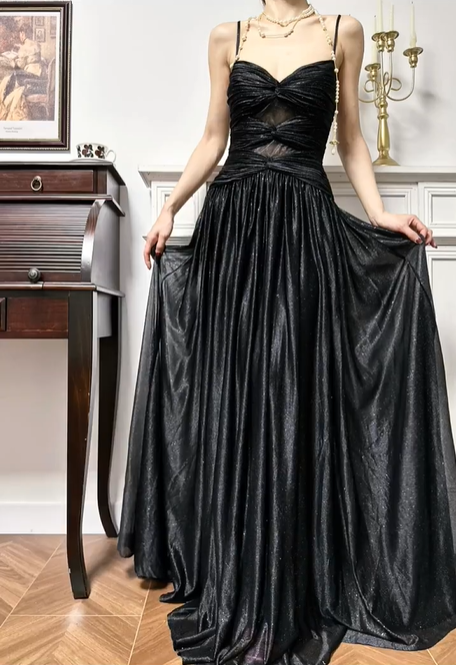 Black Glitter‑Mesh Spaghetti‑Strap Twist‑Knot A‑Line Floor‑Length Vintage Evening Prom Gown gh8790