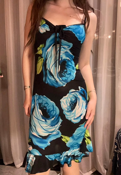 Black Base Sexy Vintage Blue Print Spaghetti Strap Fitted Waist Slim Prom & Evening Party Dress gh8461
