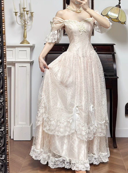 Light Apricot Vintage Off‑Shoulder Lace Ball Gown, Evening Prom Dress With Bows gh8741