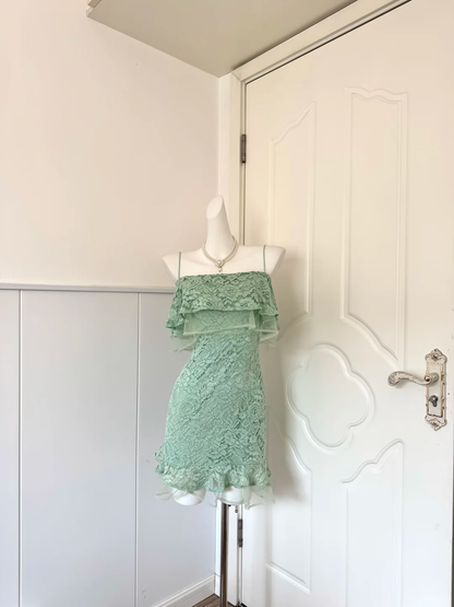 Women Sage Green Homecoming Dress, Spaghetti Strap Off‑Shoulder Tiered Ruffle Mesh Overlay All‑Over Floral Lace Ruffle Hem Bodycon Mini Party Dress gh9192