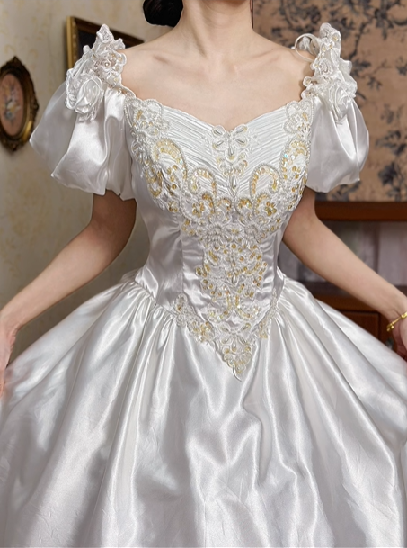 White Vintage Satin Wedding Ball Gown, Sweetheart Square Neck, Short Puff Sleeves, Gold‑Thread Lace Appliqué Pointed Waist, Voluminous A‑Line Skirt With Ruffle Lace Hem, Prom Dress gh8649