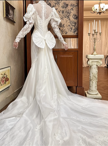 White Vintage Tulle Mermaid Wedding Prom Dress, Lace High Neck Illusion Sweetheart, Leg‑of‑Mutton Lace Sleeves, Floral Lace Appliqués, Scalloped Lace Long Train gh8686