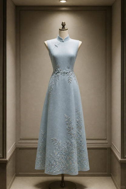 ✨Girlhomeshops-Light Grey Blue Leaf Embroidered Long Cheongsam Qipao gh10431