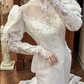 White Vintage Tulle Mermaid Wedding Prom Dress, Lace High Neck Illusion Sweetheart, Leg‑of‑Mutton Lace Sleeves, Floral Lace Appliqués, Scalloped Lace Long Train gh8686