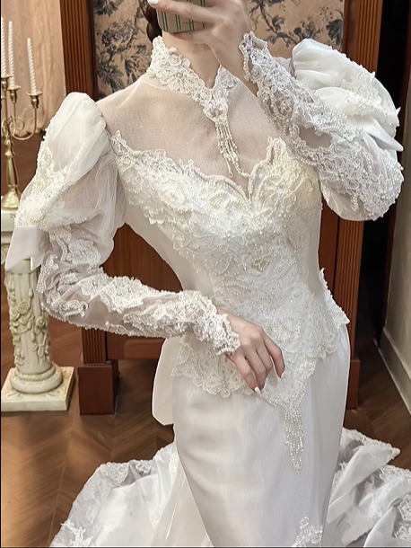 White Vintage Tulle Mermaid Wedding Prom Dress, Lace High Neck Illusion Sweetheart, Leg‑of‑Mutton Lace Sleeves, Floral Lace Appliqués, Scalloped Lace Long Train gh8686