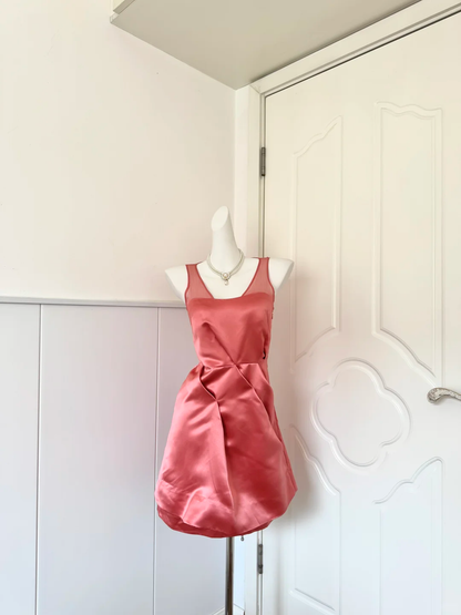 Women Dusty Rose Homecoming Dress, Sleeveless Square Neck With Mesh Inserts Fitted Waist Pleated Bubble Mini Skirt Satin Party Dress gh9190