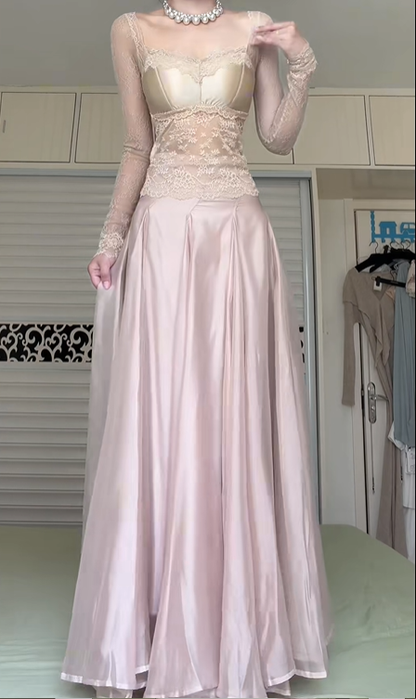 Champagne Pink Two‑Piece Long Prom Gown, Lace Square Neck Long‑Sleeve Top, Satin Bust Cups, Sheer Floral Lace Waist, High‑Waist Shiny Satin Floor‑Length Skirt, Formal Evening Dress gh8930