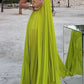 Yellow green halter neck backless long chiffon ball gown evening dress gh3127