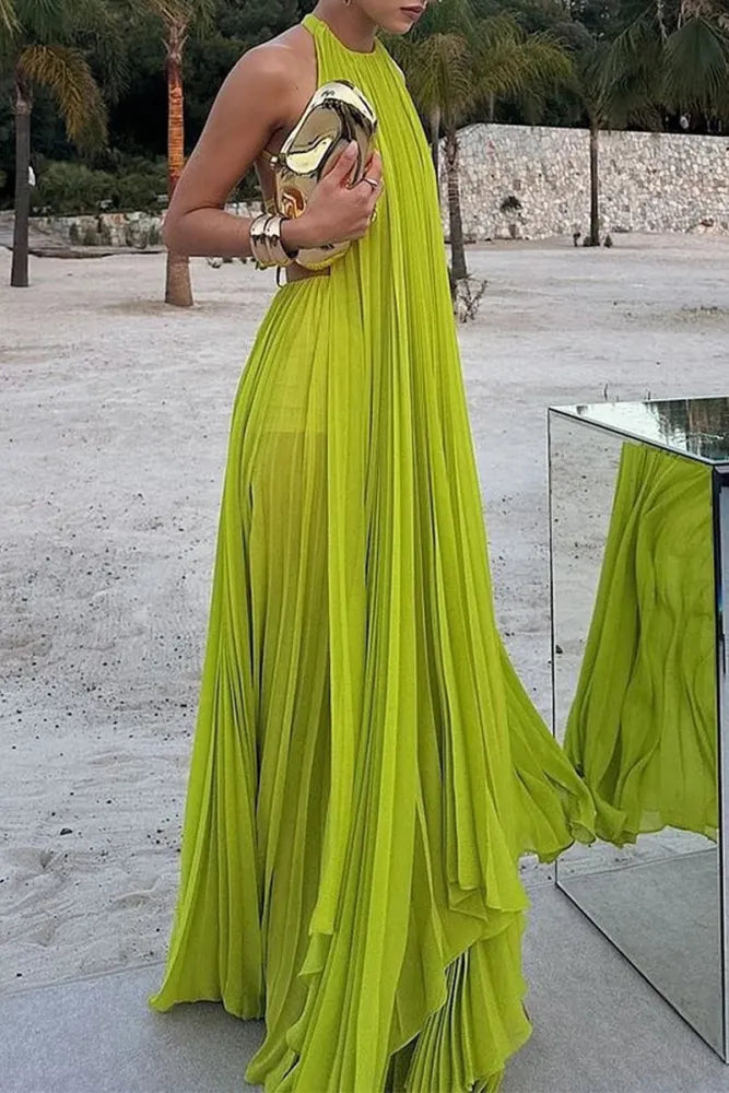 Yellow green halter neck backless long chiffon ball gown evening dress gh3127