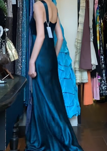 Teal Blue Black Vintage Prom Dress Wide Straps Square Neck Heavy Beaded Bodice Satin A-Line Long Evening Gown gh9627