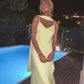 Robe de soirée longue en mousseline de soie à volants et bretelles spaghetti jaune élégante gh3382