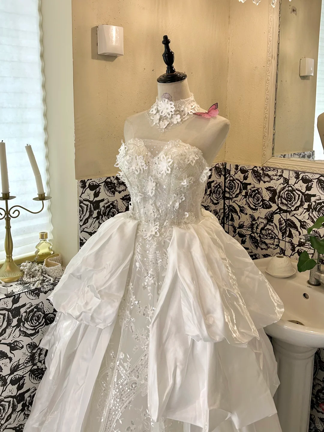 White Strapless Waist-Cinched Voluminous Tiered Skirt Classic Romantic Dress, Wedding Gown gh7660