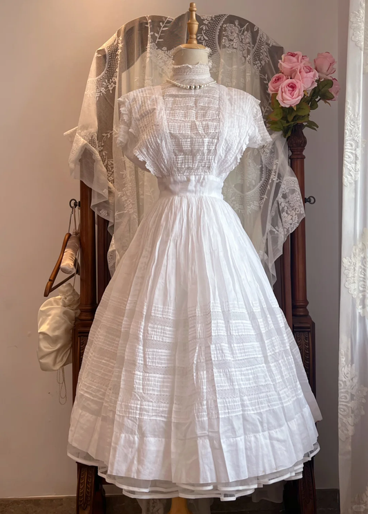 Women Retro White Formal Dress, Lace High Neck, Ruffle Cap Sleeves, Pleated Cutwork Embroidery Bodice, High Waist, Voluminous A-Line Midi Skirt, Edwardian Style Party Gown For Photoshoot gh9302