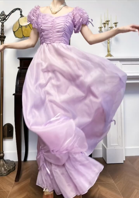 Lavender Vintage Prom Gown, Square Neck Puff Short Sleeves, Ruched Fitted Waist Bodice, Flowy Tulle Full‑Length Skirt With Bow Details, Floor‑Length Evening Prom Dress gh8792