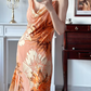 Warm‑Orange Vintage Floral‑Print Spaghetti‑Strap Party Gown, Cowl Neck, Fitted Silhouette, Asymmetrical Ruffled Midi Skirt, Flowy Chiffon Fabric, Evening Cocktail Dress gh8808