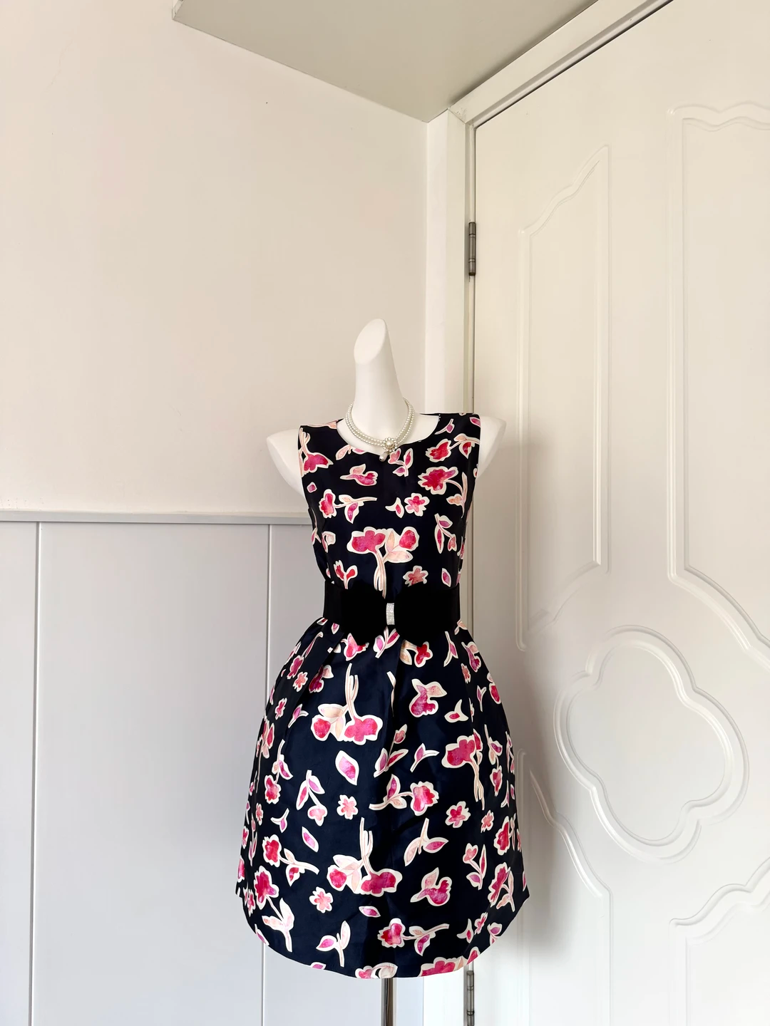Navy Floral Print Homecoming Dress Sleeveless Round Neck A-Line Cocktail Party Gown gh9390