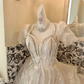 Ivory Puff Sleeve Cinched Waist Sequined Voluminous Skirt Long Romantic Dress, Wedding Gown gh7809
