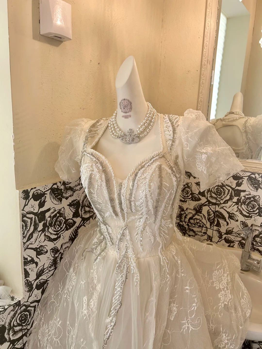Ivory Puff Sleeve Cinched Waist Sequined Voluminous Skirt Long Romantic Dress, Wedding Gown gh7809