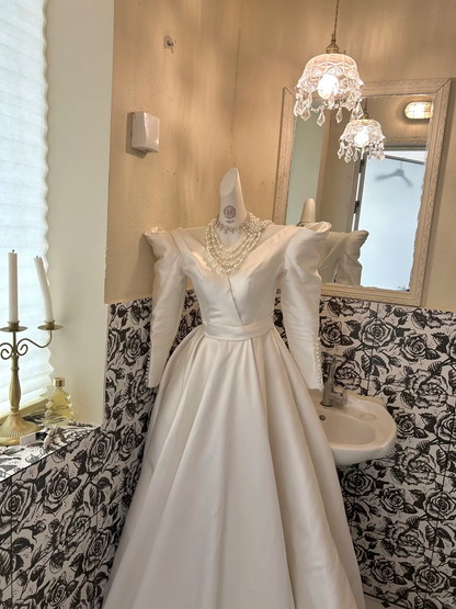 White Satin Midi Length Sleeved Waist-Cinched Luxury Elegant Romantic Dress, Wedding Gown gh7732