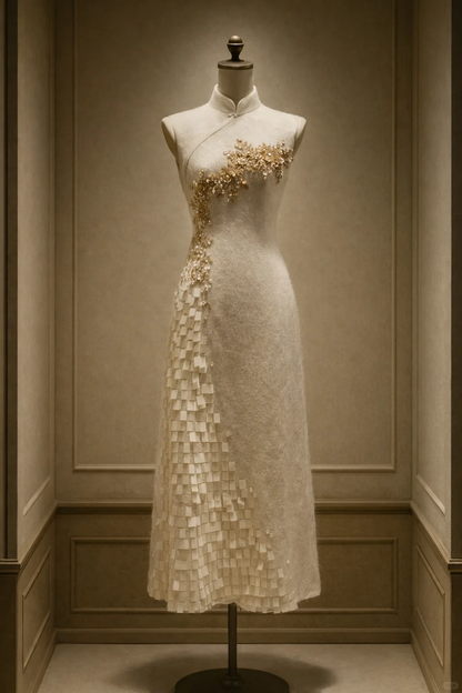 ✨Girlhomeshops-Ivory Sleeveless Qipao with Gradient Gold Beaded Sequins gh10522
