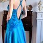 Bright‑Lake‑Blue‑Vintage‑Gown Rhinestone‑Criss‑Cross‑Halter Keyhole‑Bust‑Cutout Twisted‑Gathered‑Waist High‑Low‑Ruffled‑Hem Shiny‑Satin‑Fabric Flowy‑Evening‑Prom‑Dress gh8838