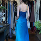 Blue Ombre Spaghetti Strap Long Formal Gown Hand Beaded Ruffle Bow Evening Dress gh9651