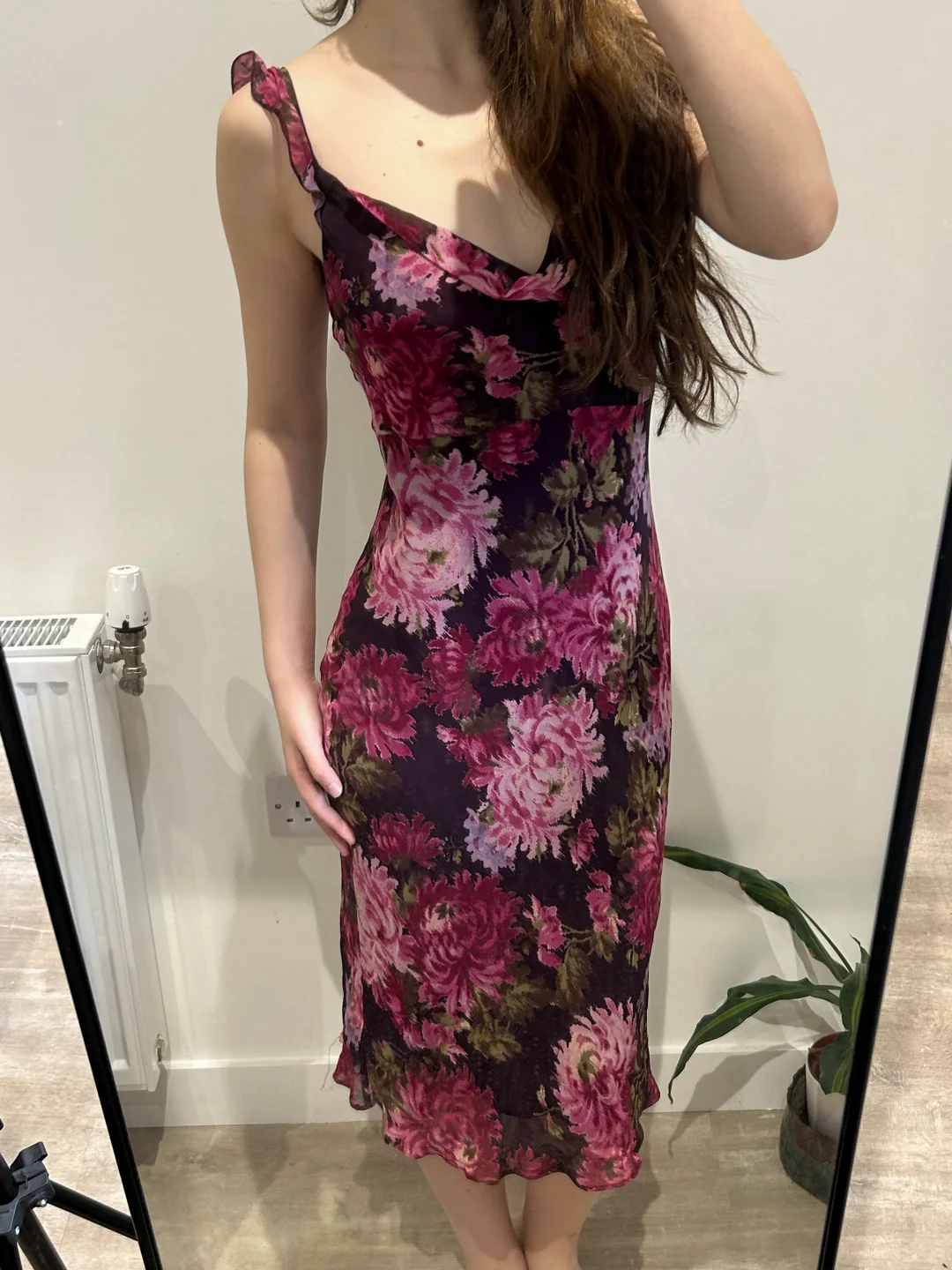 Magenta Vintage Print Purple Spaghetti Strap Fitted Waist Slim Sexy Prom Gown, Evening Party Dress gh8451