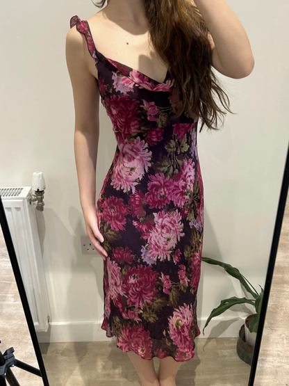 Magenta Vintage Print Purple Spaghetti Strap Fitted Waist Slim Sexy Prom Gown, Evening Party Dress gh8451