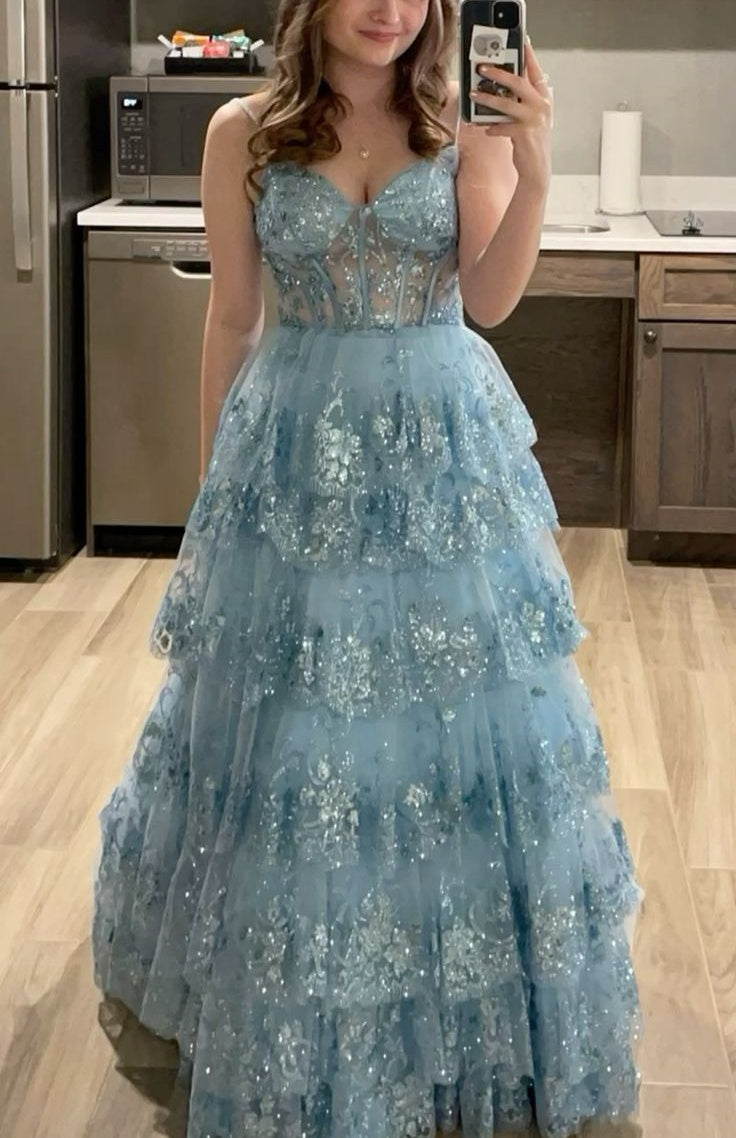 girlhomeshops-Gray/Blue Long Princess Sparkling Sequined Long Tulle Prom Dress Graduation Dress gh5925