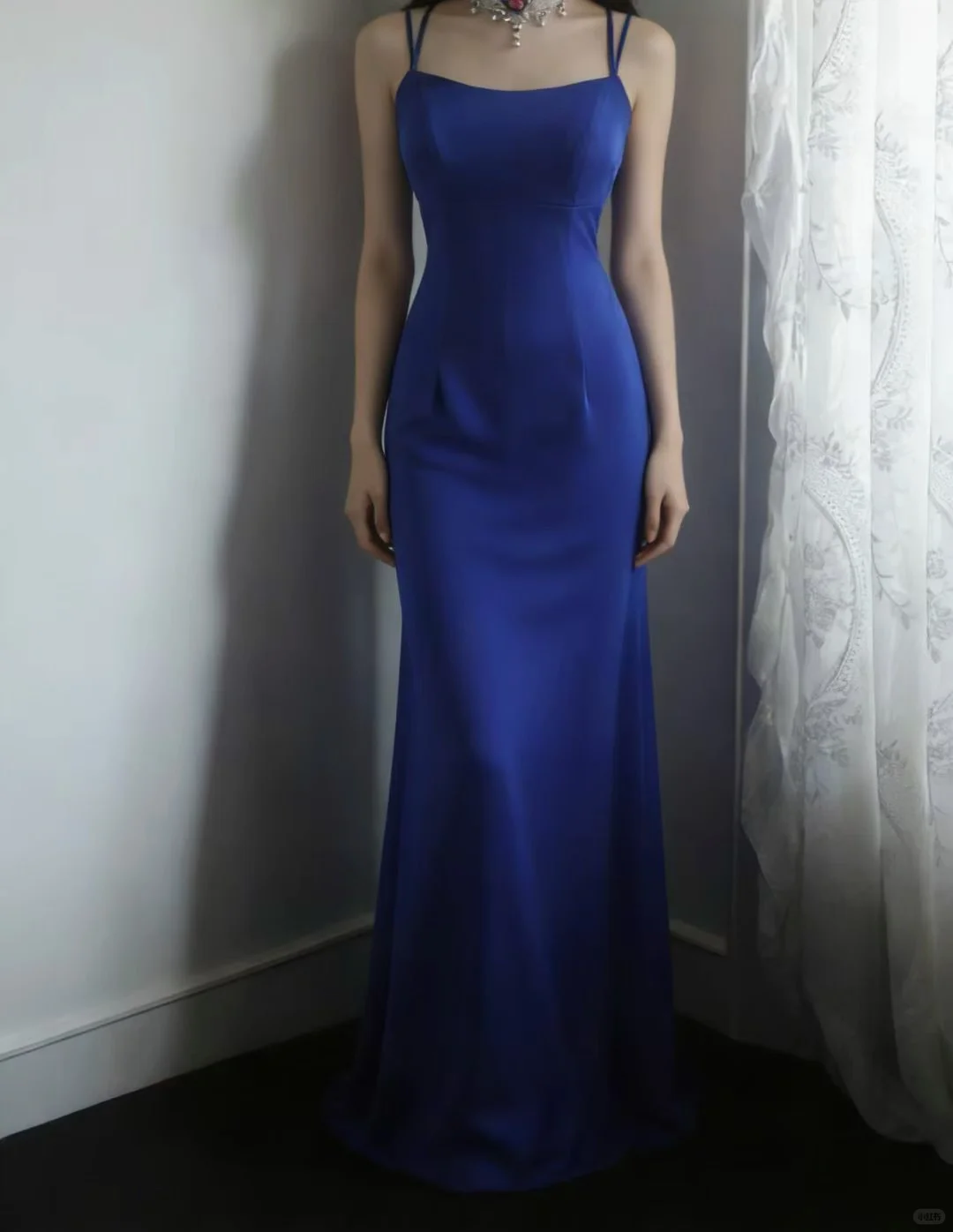 Royal Blue Double Spaghetti Strap Mermaid Evening Gown, Square Neck Satin Fitted Long Formal Prom Dress gh9120