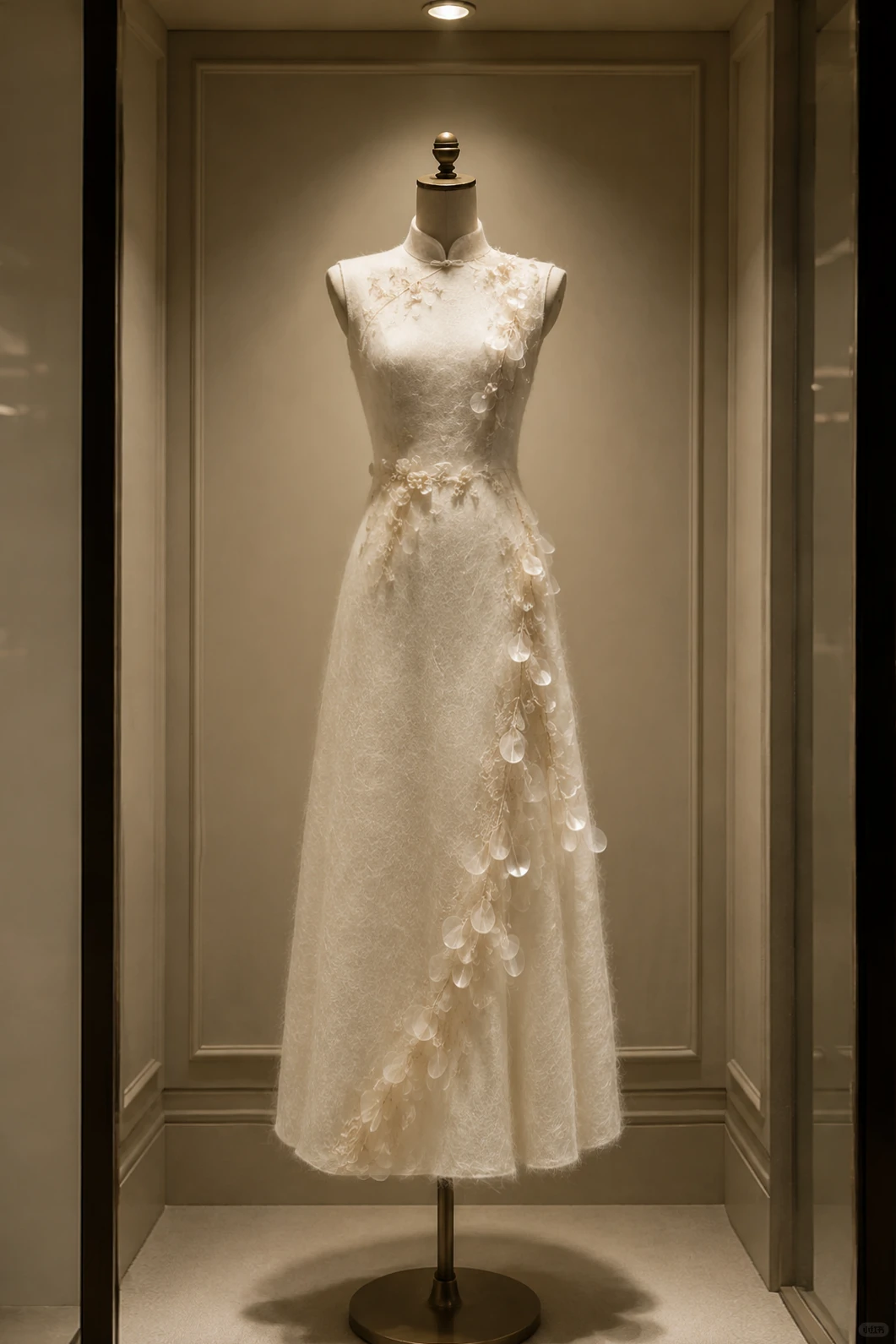 ✨Girlhomeshops-Cream White Sheer Petal 3D Floral Sleeveless A-line Qipao Cheongsam gh10414