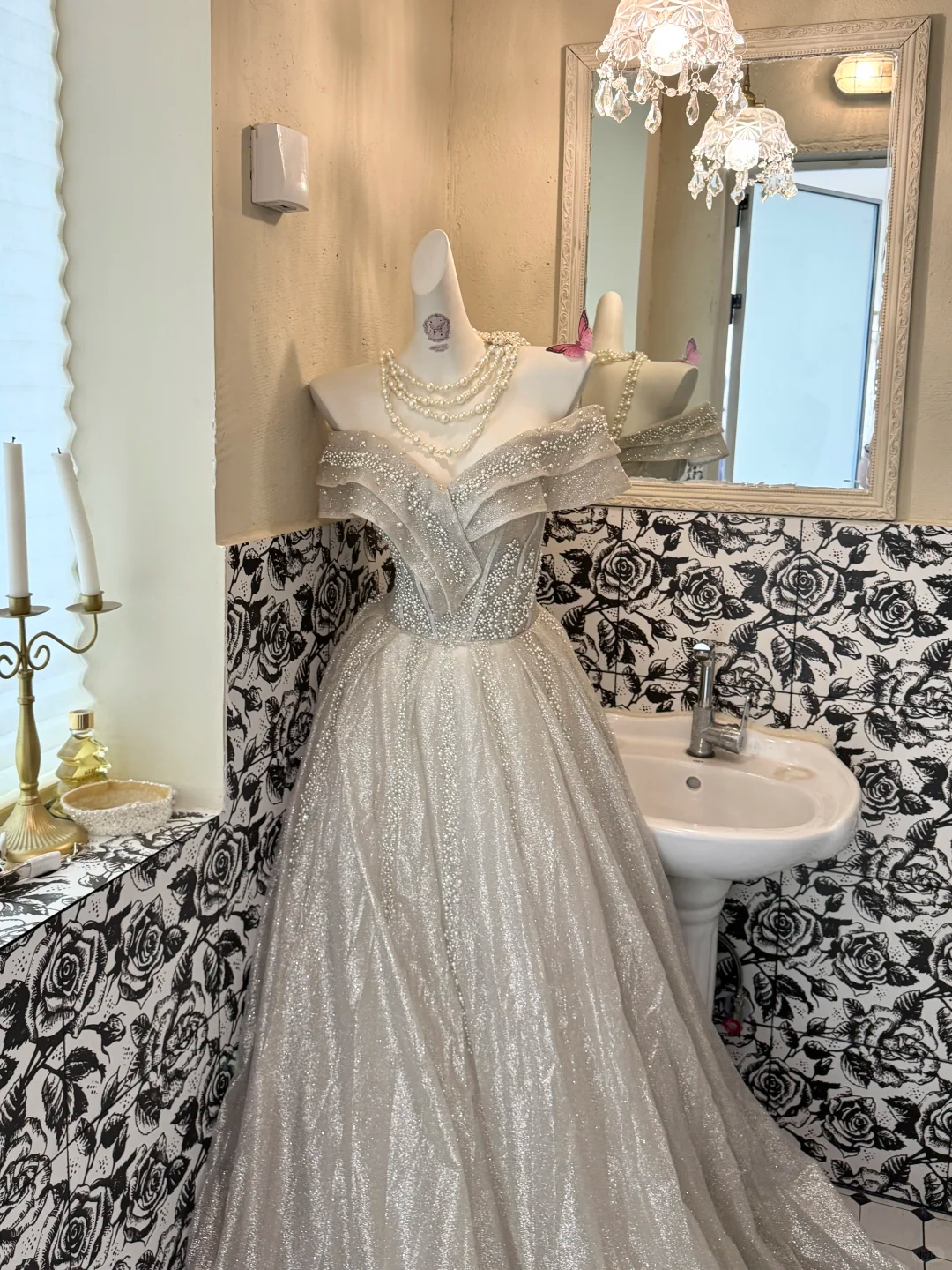 Light Champagne Off-the-Shoulder Waist-Cinched Full Flared Long Vintage Romantic Dress, Wedding Gown gh7591