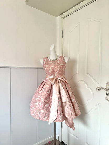 Women Pink Homecoming Dress, Sleeveless Round Neck 3D Floral Jacquard Fabric Satin Bow Waist Sash Pleated Flared A‑Line Mini Party Dress gh9205