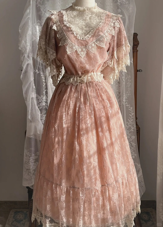 Dusty Pink Edwardian Vintage Lace Maxi Dress, High Neck Cape Flutter Sleeve Bridal Gown gh9350