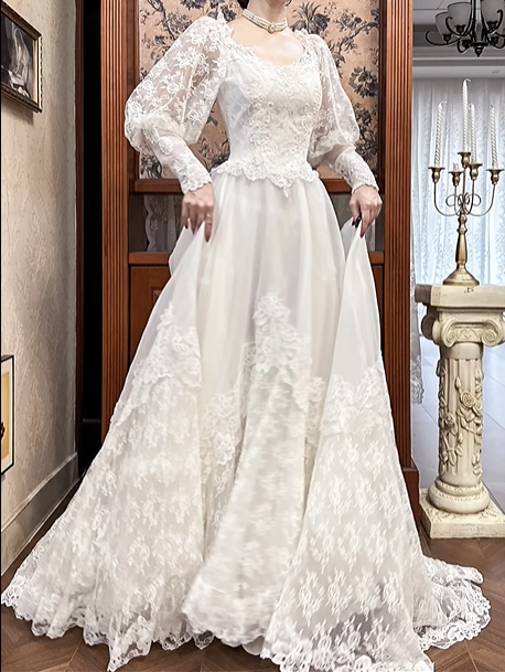 Ivory Vintage Lace A‑Line Wedding Prom Dress, Sweetheart V‑Neck, Lace Puff Long Sleeves, Full Lace Long Train gh8700