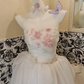 White Strapless Cinched Waist Pink Printed Full Flared Skirt Long Romantic Dress, Wedding Gown gh7822