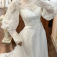 Ivory Vintage Lace Tulle A‑Line Wedding Prom Dress, Mock Two‑Piece Lace High Neck, Puff Outer Sleeves Lace Inner Sleeves, Lace Beaded Long Train gh8704