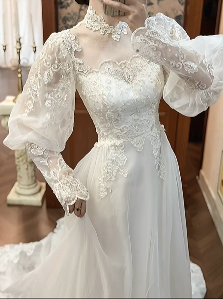 Ivory Vintage Lace Tulle A‑Line Wedding Prom Dress, Mock Two‑Piece Lace High Neck, Puff Outer Sleeves Lace Inner Sleeves, Lace Beaded Long Train gh8704