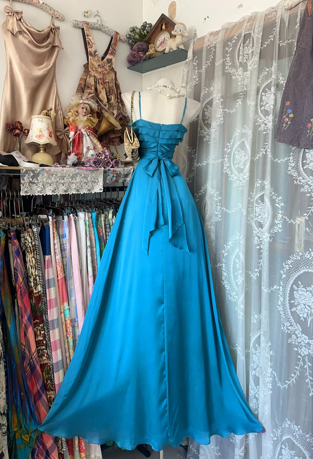 Elegant Vintage Turquoise Spaghetti Strap High Waist Fitted Long Prom & Evening Party Dress gh8490