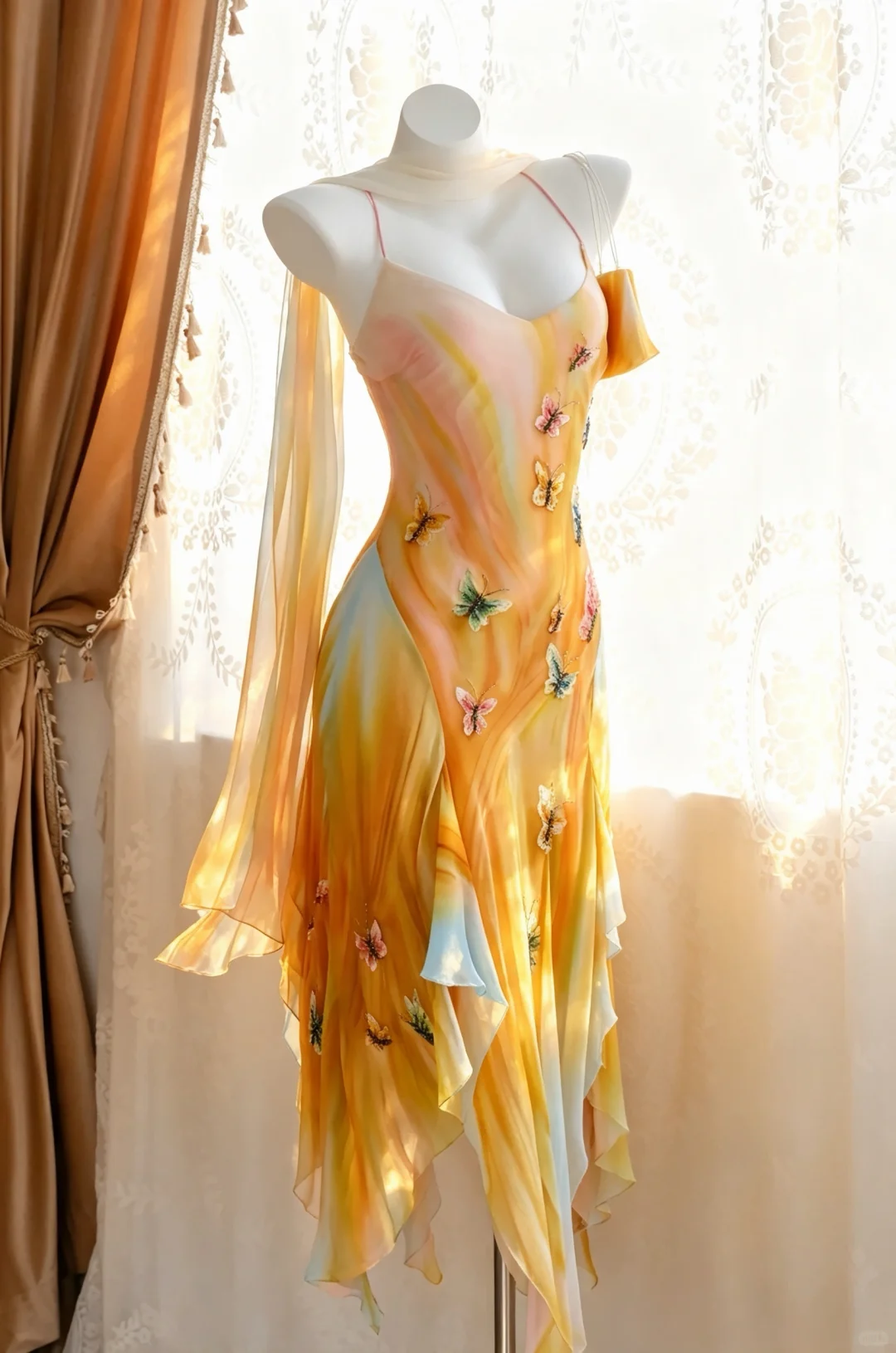 Women Gradient Orange Long Evening Dress Spaghetti Straps 3D Butterfly Floral Appliques Irregular Ruffled Skirt with Matching Sheer Shawl gh9565