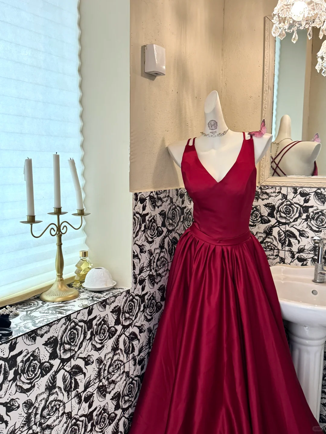 Red Spaghetti Strap Satin Waist-Cinched Sexy Long Romantic Dress, Wedding Gown gh7540