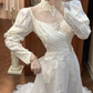 Ivory Vintage Tulle Wedding Prom Dress, Lace High Neck Illusion V‑Neck, Leg‑of‑Mutton Puff Sleeves, Lace Appliqués, Multi‑Tier Ruffle Cake Skirt gh8677